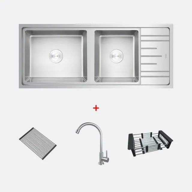 (EVE) Stainless Steel Double Basin Sink DELTA 1200/500 LH + BELLE Faucet + ROLLRACK + F402BLACK