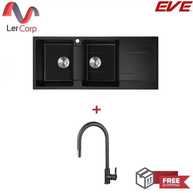 (EVE) Granite Sink Black Kitchen Sink KNOX 1160/500 BLACK + Black Faucet AZTAC II BLACK
