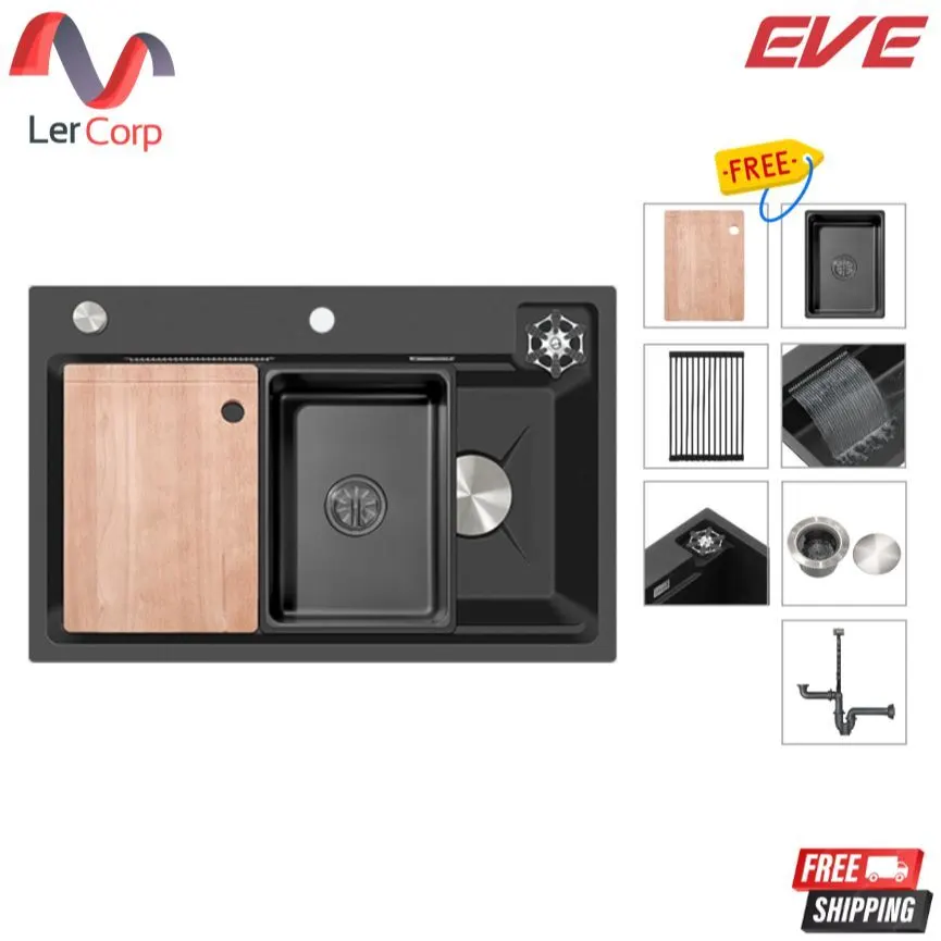 (Eve) Waterfall Kitchen Sink 1 Bowl Synthetic Granite ROMA 750/480 BLACK