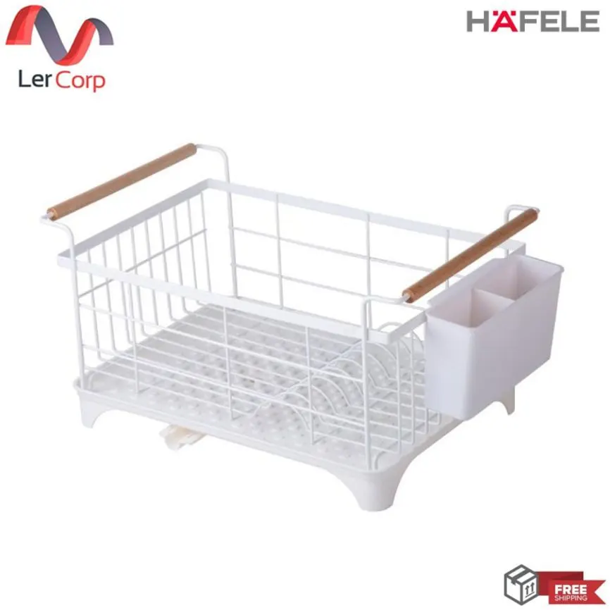 (Hafele) Single-Tier Dish Rack Stainless Steel 304 with Cutlery Holder White (495.34.043)