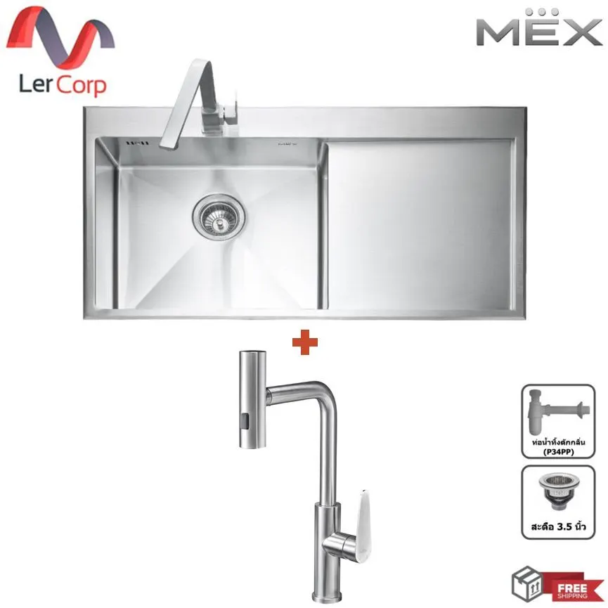 (MEX) Single Bowl Sink with Right Drainboard 86 cm Width 1.0 mm Thickness Model SCD861 + Cold Water Tap TFP03S