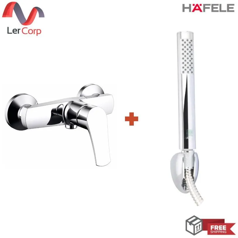 (Hafele) Wall-Mounted Single Lever Shower Mixer - DANUBE (495.61.079) + Hand Shower Set with Hose and Holder 1-Function (495.60.639)