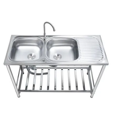 (MEX) 2-Bowl 1-Drainboard Stainless Steel Kitchen Sink PST120 with Stand, Dish Rack, and 3-Sided Backsplash, 3.5" Drain, Free Cold Water Faucet