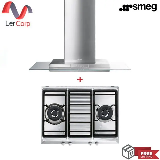 (Smeg) Wall-Mounted Range Hood Model KSEV97X2 + Gas Cooktop Model SRV572XG
