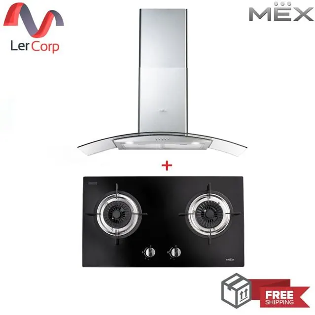 (MEX) 玻璃台座燃气灶 71 厘米 2 个燃气灶头 V712M + 弧形玻璃罩式抽油烟机 90 厘米 KV7239X90