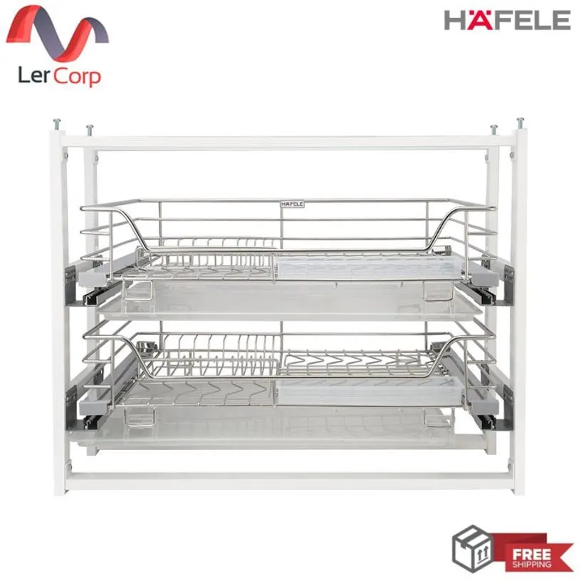 (Hafele) Wire Basket and Frame Set for Concrete Kitchen Cabinets with Double Doors, Including 2 Inverted Dish Baskets (495.34.352)