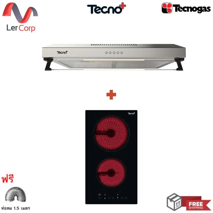 (Tecno) Standard Range Hood 60 cm TNP HDS 6048 MN + Built-in 2-Burner Ceramic Electric Cooktop TNP VT 302 DG Free Carbon Filter