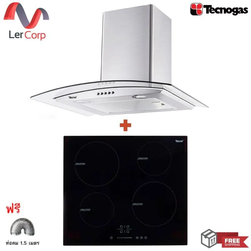 (Tecno) Wall-Mounted Range Hood 60 cm TNS HD 3460K-AC + 4-Burner Induction Cooktop Built-in TNP ID 4060 DG Free 1.5 m Duct