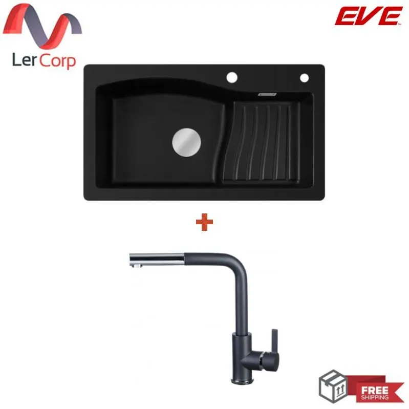 (EVE) Single Bowl Synthetic Granite Sink Model WAVE 855/495 BLACK + LEXI BLACK Faucet