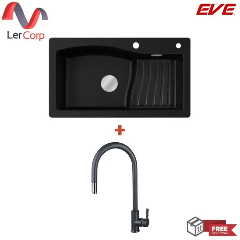 (EVE) Single Bowl Synthetic Granite Kitchen Sink Model WAVE 855495 BLACK + AZTAC II BLACK Faucet