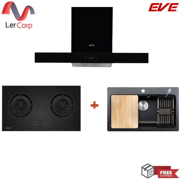 (Eve) Wall-Mounted Range Hood HC-LOFTBOX-90 + 2-Burner Gas Hob HB78-2BCC/BG + Granite Kitchen Sink ANDES 760/480 + Cold Water Tap