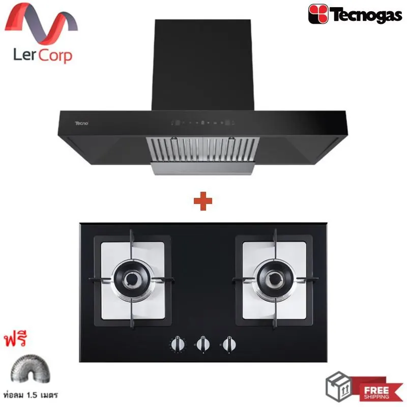 (Tecno) 90 cm Pyramid Cooker Hood TNS HD 90 MA/B + 2-Burner Built-in Gas Stove TNP HB 20780 GBT Free 1.5 m. Duct Hose