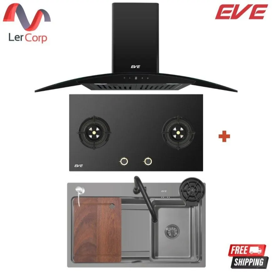 (Eve) Range Hood HC-DIESEL-90 PLUS + 2-Burner Gas Hob HB78-SBH289/BG + Single Bowl Sink UMI 750/460 with Free ANGULAR Tap