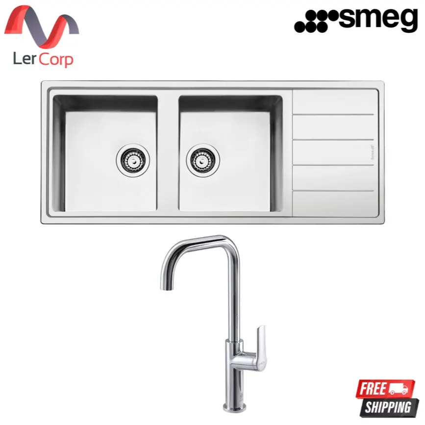 (Smeg) Two-Bowl Square Sink with Rounded Corners and Drainboard Model LDR116-2 includes Faucet MEX11105SB-E36