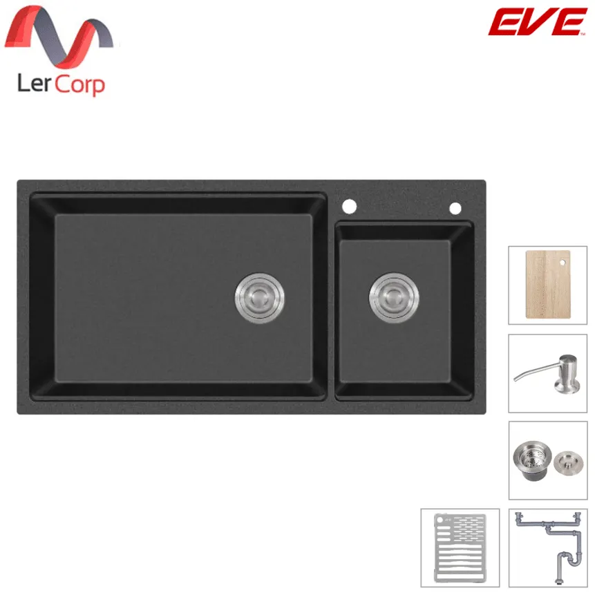 (Eve) Granite Sink Black Kitchen Sink CRESTSTONE 980/490 BLACK with Free Wooden Cutting Board, Soap Dispenser and More
