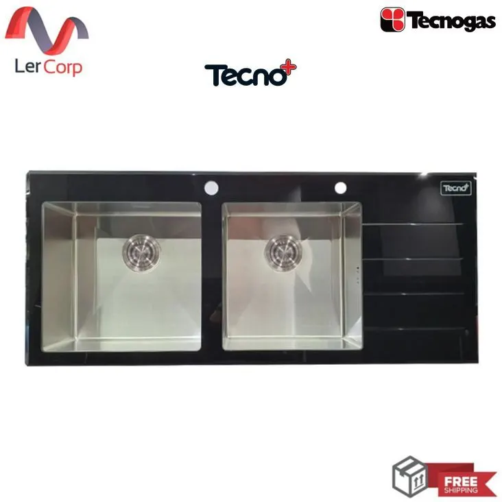 (Tecno) Double Bowl Stainless Steel and Tempered Glass Sink Model TNP 11650 GBS