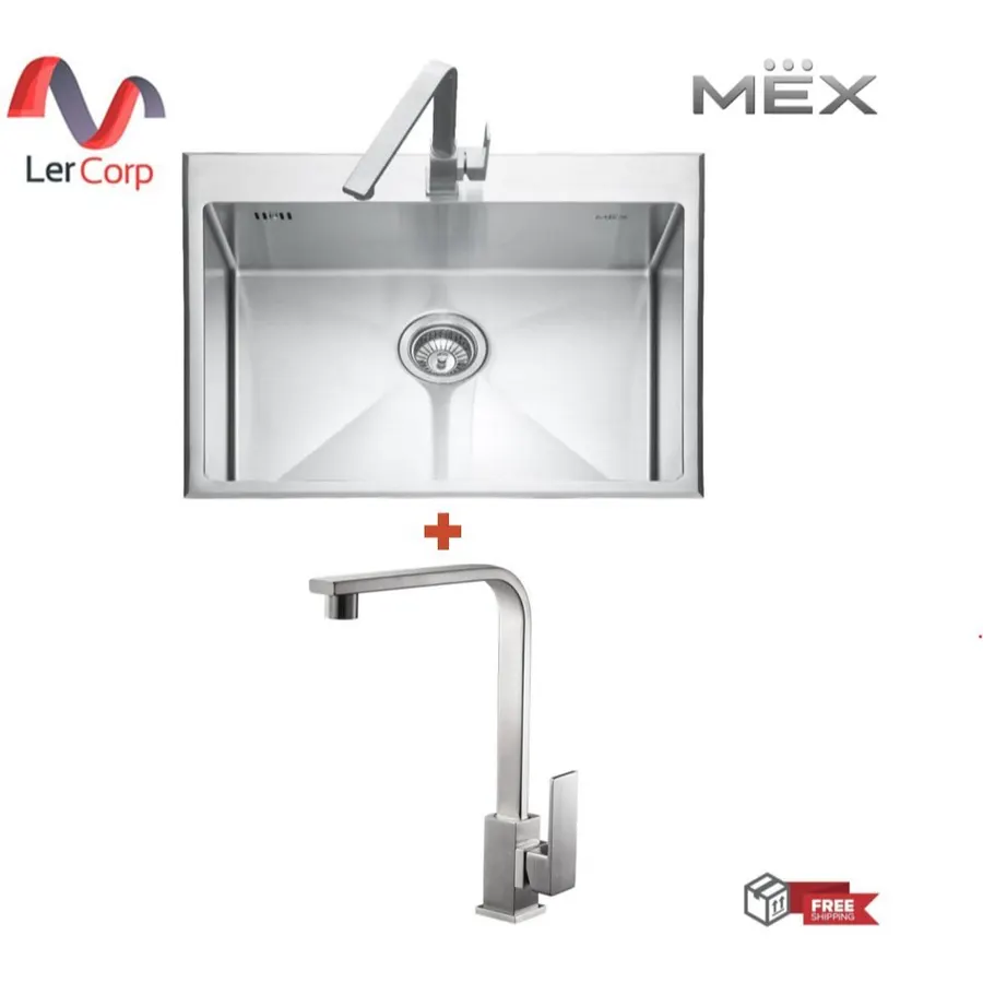 (MEX) อ่างล้างจานหลุมเดี่ยว ทรงสี่เหลี่ยมุมมน ขนาด 60 ซม. หนา 1.0 มม. รุ่น SC60 ฟรี ก๊อกน้ำ