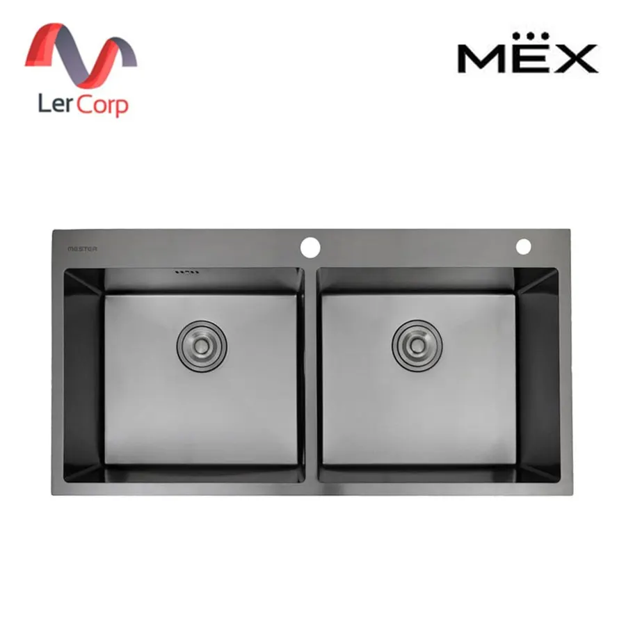 (Mex) ซิงค์ฝัง 2 หลุม สเตนเลส ติดตั้งบนเคาน์เตอร์ หลุมลึก 22 ซม. สีเทาดำ (MSS100GM)
