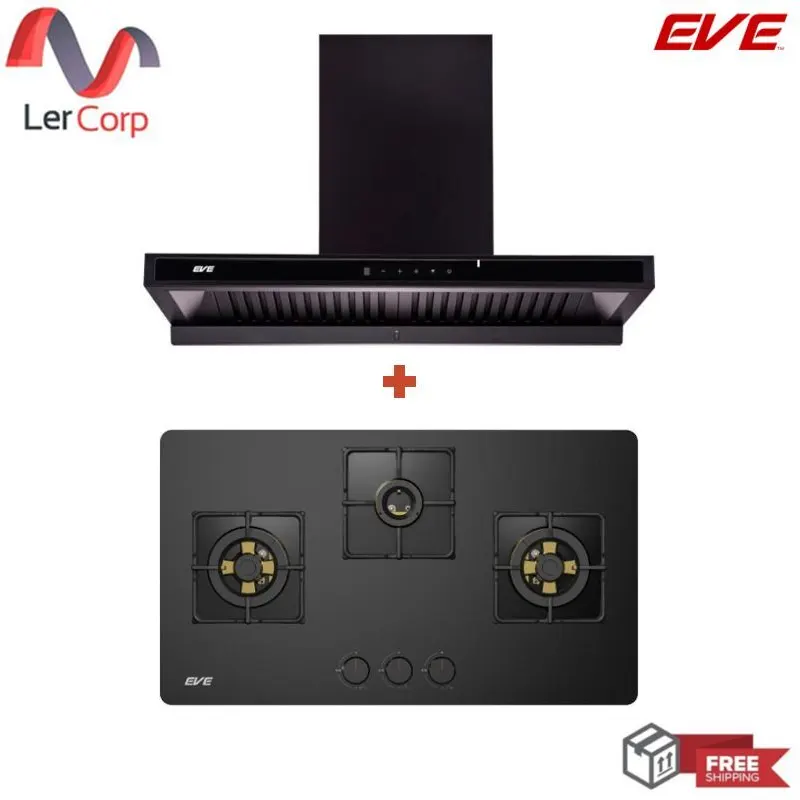 (EVE) เครื่องดูดควันติดผนัง HC-MAXIMUS-90 + เตาแก๊ส 3 หัว แบบฝัง ฐานกระจกนิรภัย HB78-3BBTA/BG
