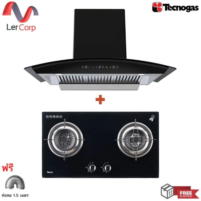 (Tecno) 90 cm Wall-Mounted Hood TNS HD 90 MA/B + 2-Burner Gas Cooktop 71 cm TNS HB JET GB Free 1.5 m Duct