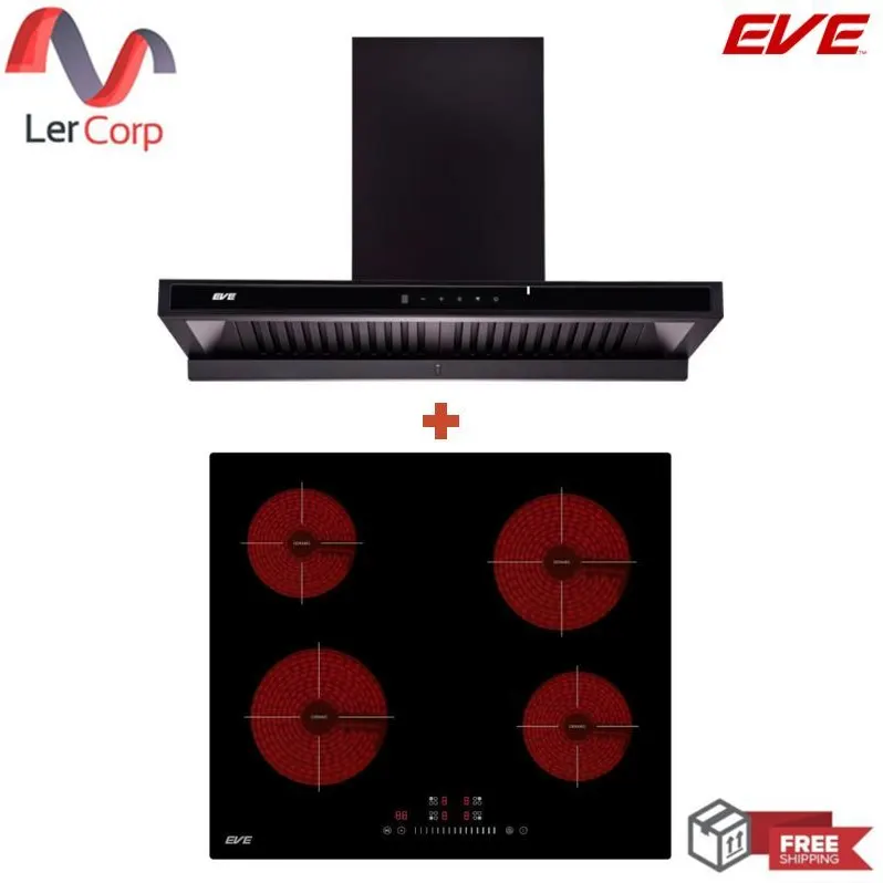 (EVE) Wall-Mounted Range Hood HC-MAXIMUS-90 + Ceramic Cooktop 4-Burner Built-in Electric Ceramic Hob HB60-4CEM/SC