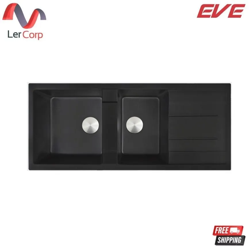 (Eve) Double Bowl Granite Kitchen Sink with Drainboard, PRIME 1160/500 Black